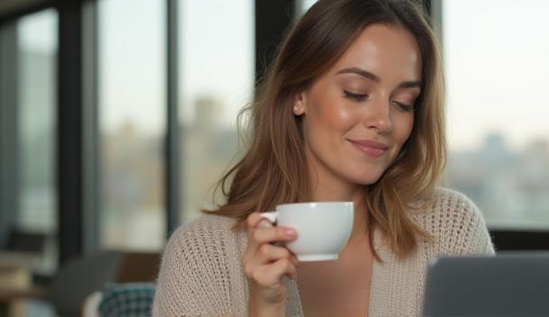 Person enjoying a coffee break while working remotely